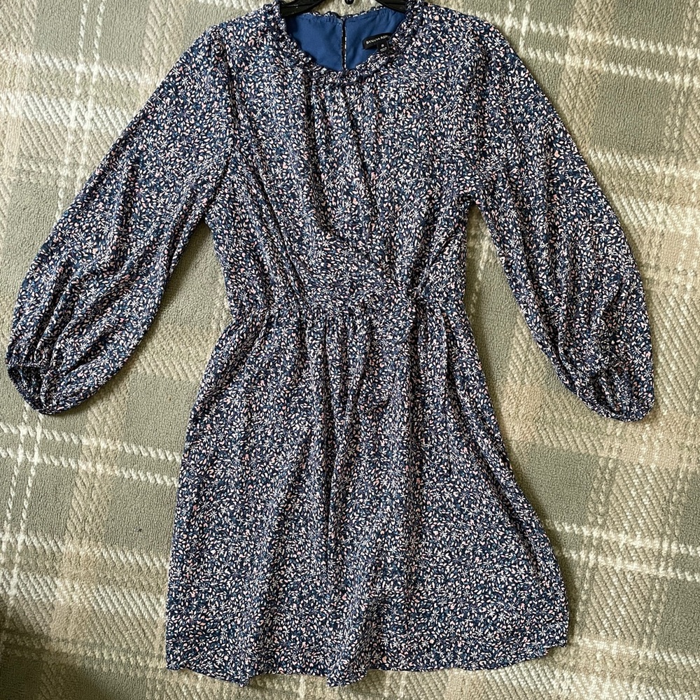 Banana Republic blue pink floral ruffle neck tie waist balloon sleeve dress 8